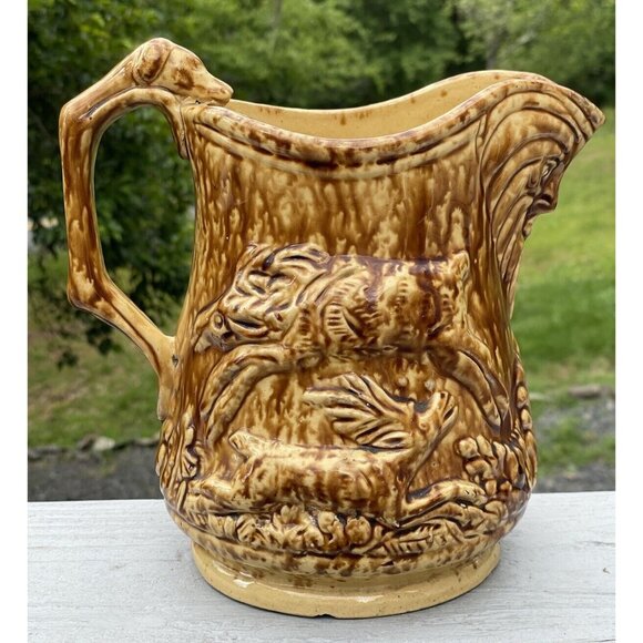 Rare Antique Bennington Rockingham Dog Handle Hunt Scene Pitcher Yellow ware - Picture 16 of 16